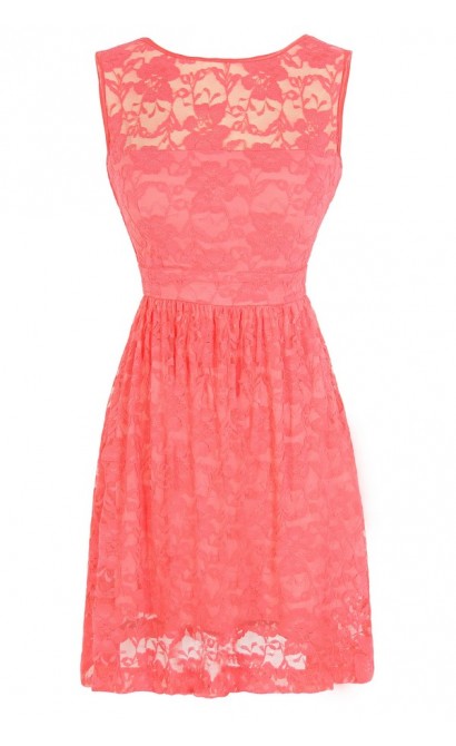 Sleeveless A-Line Lace Overlay Dress in Coral